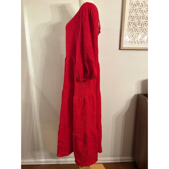 AVA & VIV Red Tiered Long Maxi Dress | Short Sleeve Shimmery Party Holiday | 1X - Picture 6 of 10